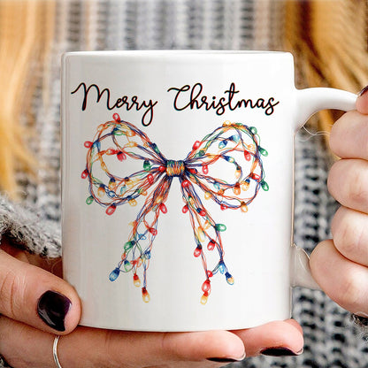 Teesdily | Merry Christmas Bow Light Shirt, Christmas Coquette Bow Sweatshirt, Merry And Bright Lights Bow Hoodie Mug For Women