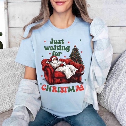 Teesdily | Just Waiting For Christmas Shirt, Santa Sofa Christmas Lights Tee 2024, Santa Claus Sweatshirt Hoodie Mug, Holiday Gift