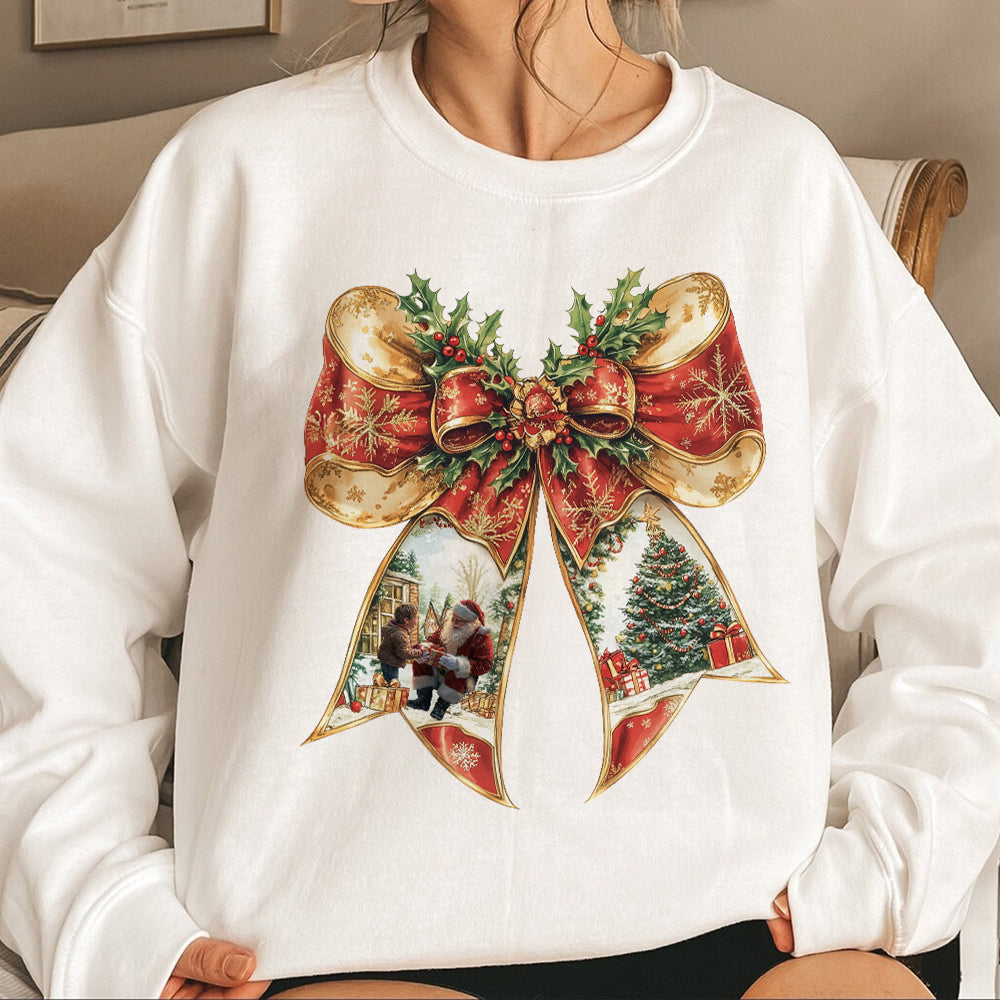 Teesdily | Coquette Bow Christmas Shirt, Merry Christmas Red Coquette Sweatshirt, Santa Claus And Children Hoodie Mug Xmas Gift