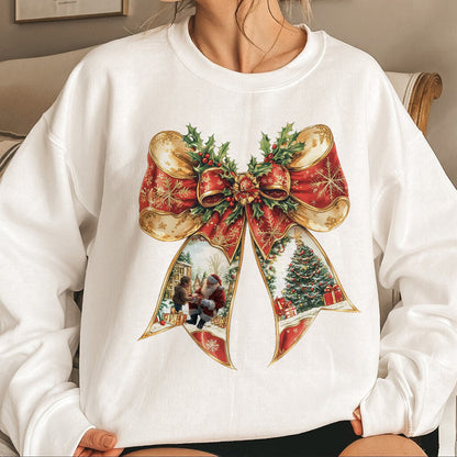 Teesdily | Coquette Bow Christmas Shirt, Merry Christmas Red Coquette Sweatshirt, Santa Claus And Children Hoodie Mug Xmas Gift