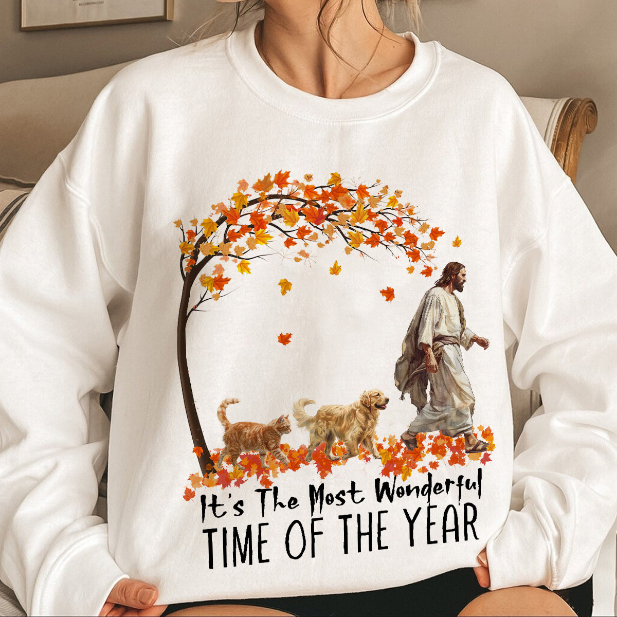 Teesdily | Jesus Golden Retriever And Cat Shirt, It's The Most Wonderful Time Of The Year Sweatshirt Hoodie Mug, Halloween Shirt, Dog Cat Lover Gift