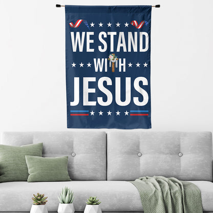 Teesdily | We Stand With Jesus House Flag, Christian Cross Flower Garden Flag, Christian Patriotic Yard Decor, Christ Banner Flag, Jesus Lovers Gifts