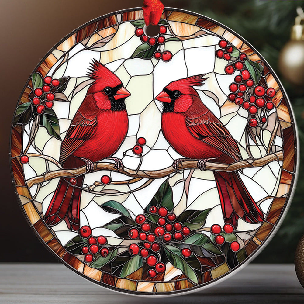 Teesdily | Couple Cardinal Ornament Christmas, Cardinal Stained Glass Acrylic 2D Ornament Christmas, Holiday Noel Ornament Gift