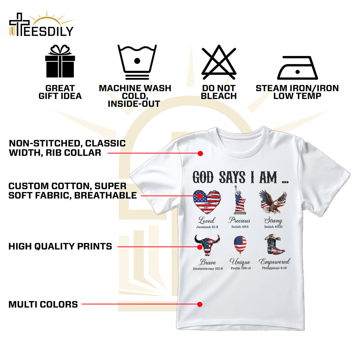 Teesdily | God Says I Am Shirt, American Flag Cowboy Sweatshirt, Eagle Heart Statue of Liberty Mug, Jesus Christ Mug Gifts