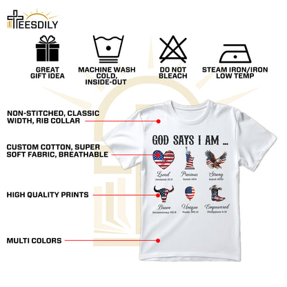 Teesdily | God Says I Am Shirt, American Flag Cowboy Sweatshirt, Eagle Heart Statue of Liberty Mug, Jesus Christ Mug Gifts