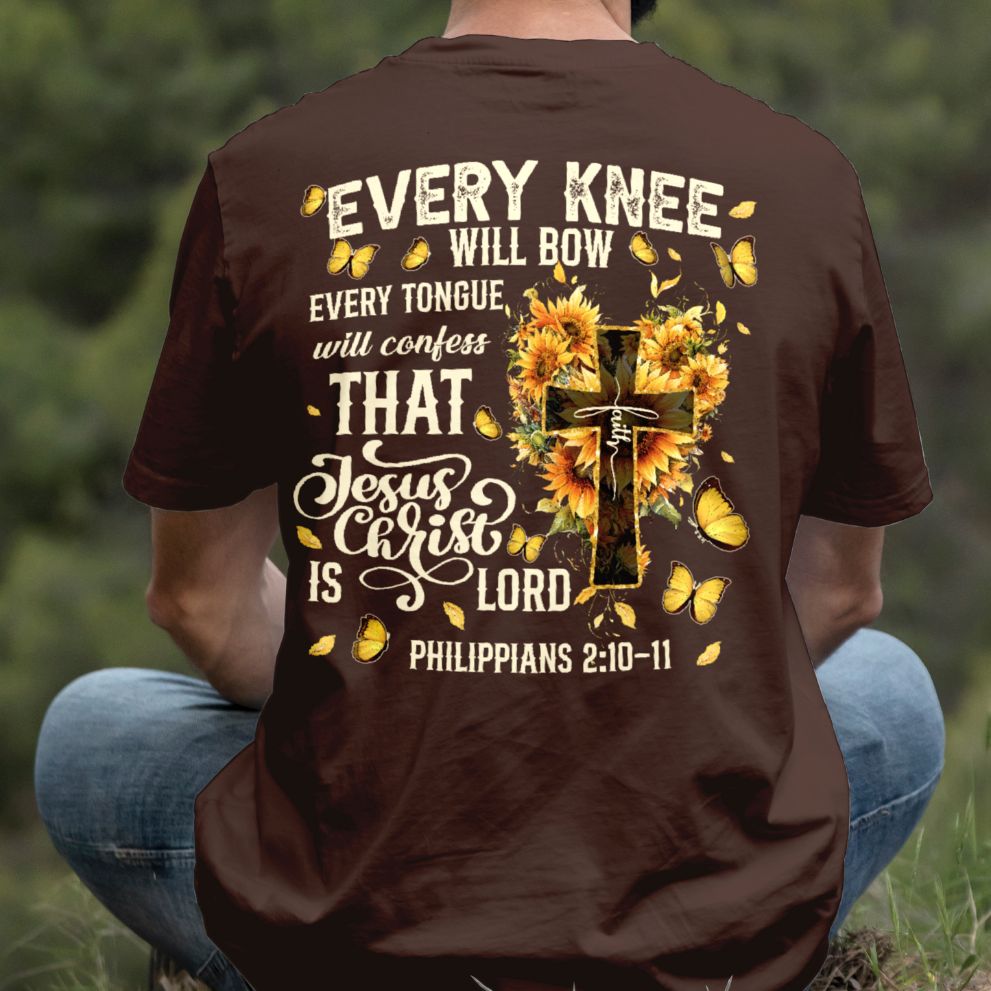 Teesdily | Every Knee Shall Bow Shirt, Every Tongue Shall Confess Sweatshirt, Bible Verse Sunflower Cross Jesus Hoodie Mug Gift