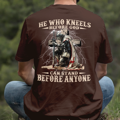 Teesdily | He Who Kneels Before God Shirt, Jesus Warrior Sweatshirt, Christian Cross Faith Hoodie Mug, Religious Gift Men