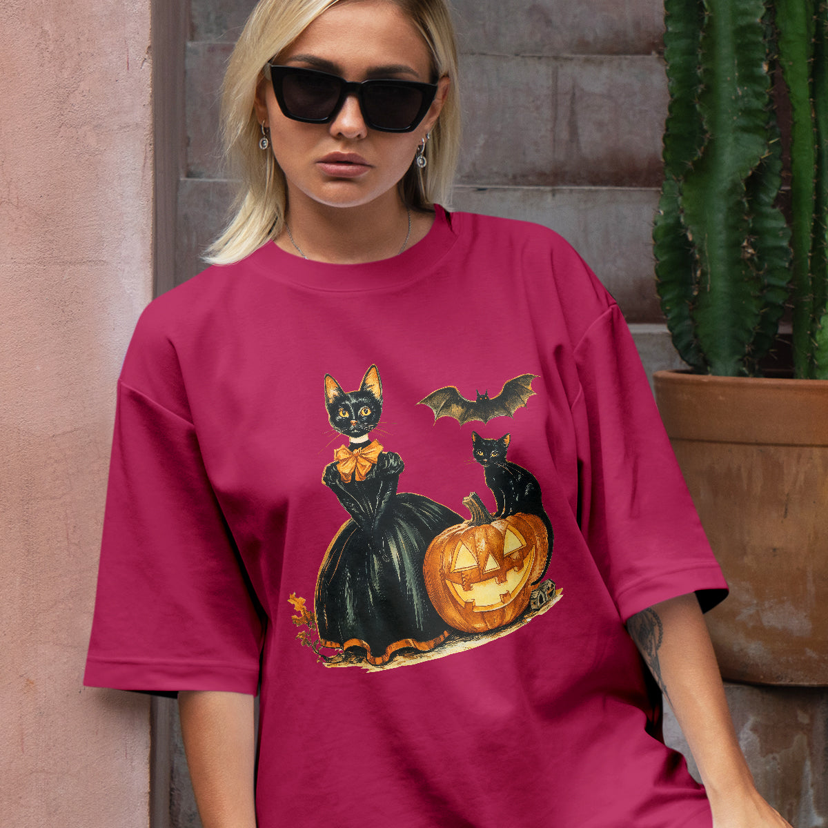 Teesdily | Childless Cat Lady Full Color Shirt, Halloween Pumpkin Witch And Cat Sweatshirt, Witchy Black Cat Hoodie Mug