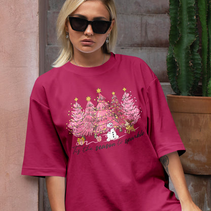 Teesdily | Pink Christmas Tree Snowman Christmas Shirt, Tis The Season To Sparkle Tee Sweatshirt Hoodie Mug, Christmas Gift