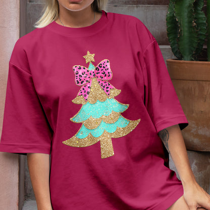 Teesdily | Christmas Tree Bow Shirt, Christmas Coquette Bow Glitter Leopard Sweatshirt, Christmas Hoodie Mug For Women