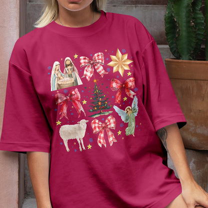 Teesdily | Red Coquette Jesus Nativity Shirt, Holy Night Tee Sweatshirt Hoodie Mug, Jesus Lovers Christmas Gift, Xmas Coquette