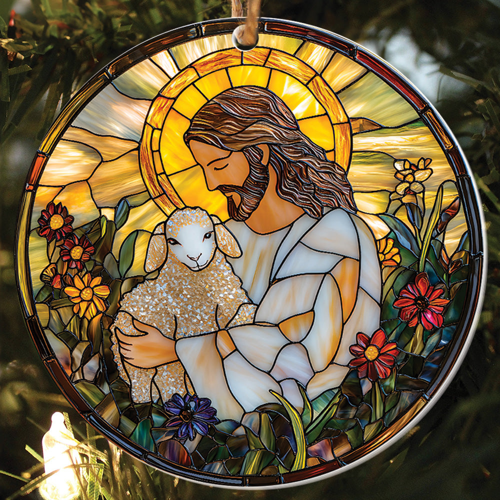 Teesdily | Jesus And Lamb Ornament Christmas, Jesus Christ Sheep Flower Stained Glass Printed Ornament 2D, Christmas Decor Gift