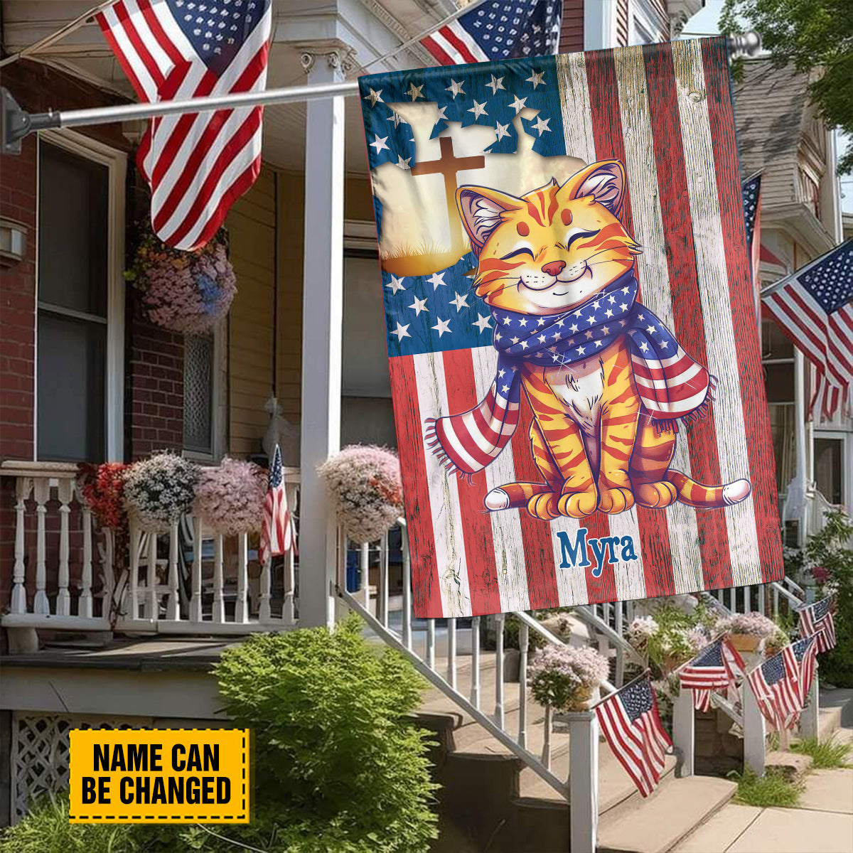 Teesdily | Custom Cat Jesus Cross Flag, Independence Day Garden Flag, Jesus American Flag Home, Fourth Of July Garden Flag Yard Decor, Cat Lover Gift