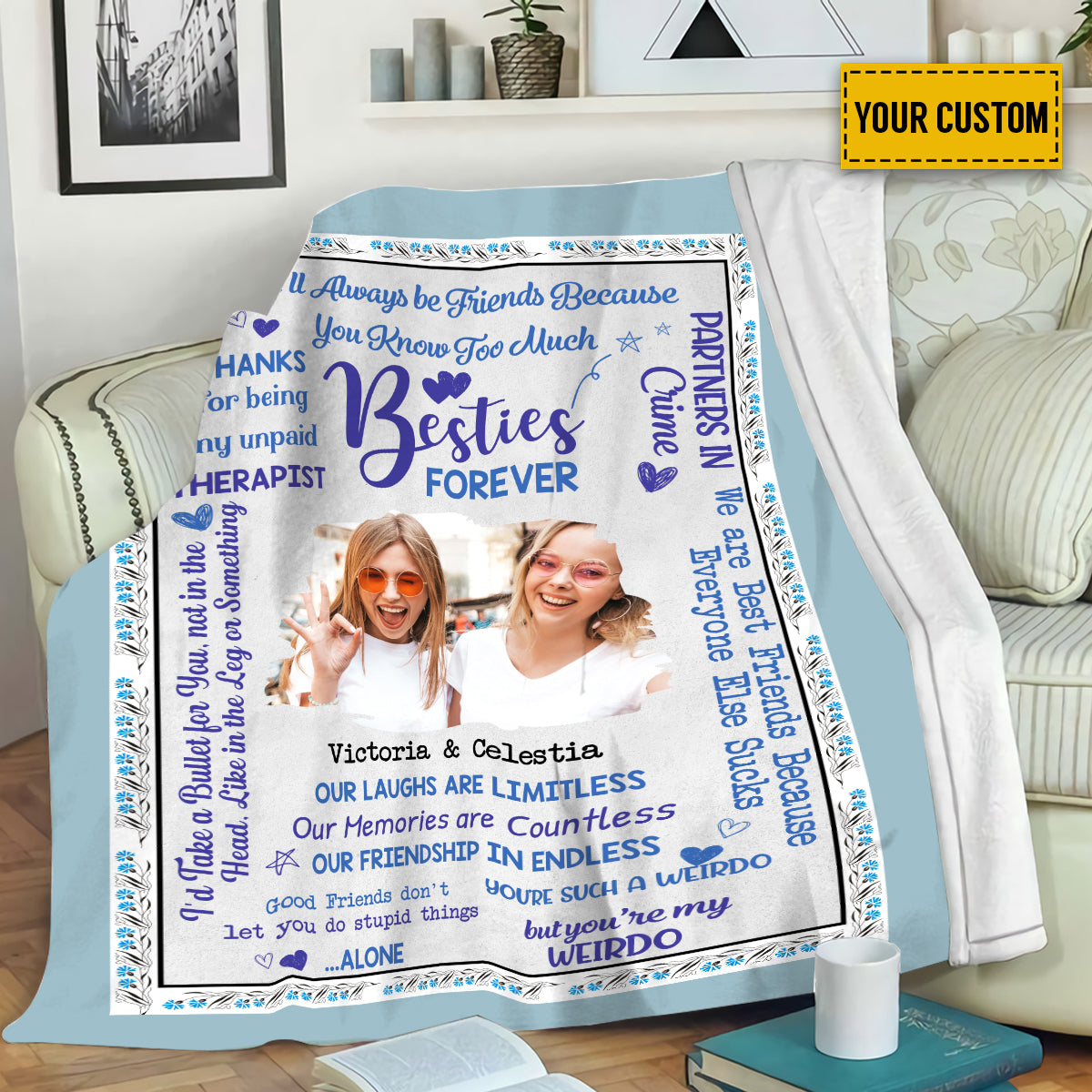 Teesdily | Personalized Besties Forever Fleece Blanket With Photo To My Best Friends Travel Blanket Inspirational Gift For Bff Besties Friendship Day