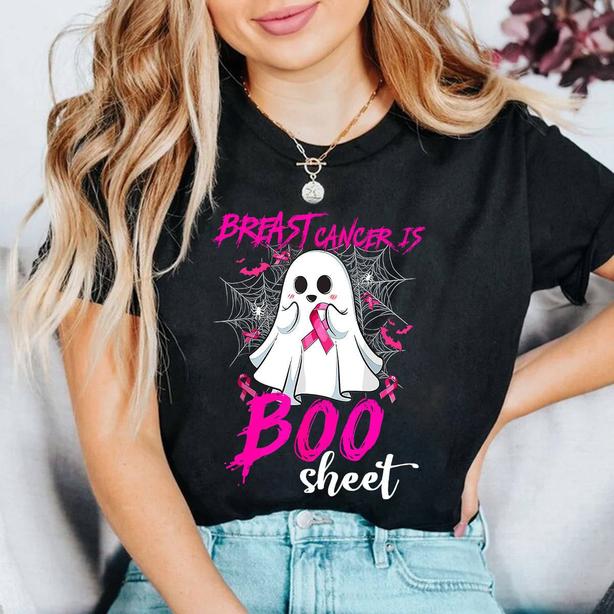 Teesdily | Pink Ribbon Breast Cancer Is Boo Sheet Shirt, Cute Halloween Ghost Boo Sweatshirt, Cancer Survivor Hoodie Mug