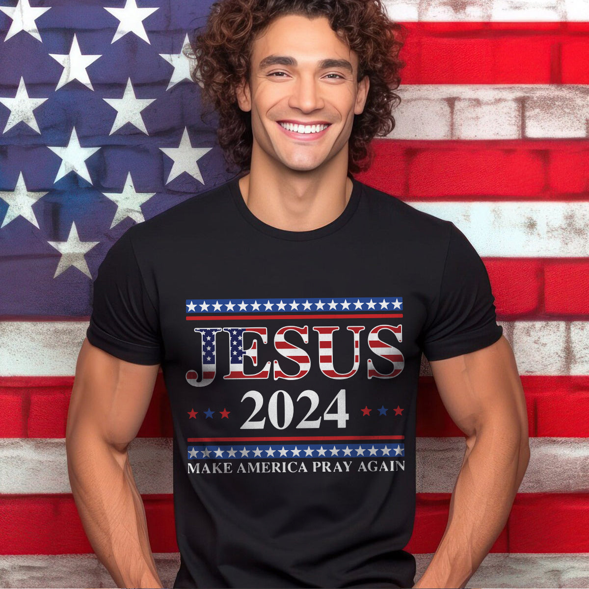 Teesdily | Jesus American T-shirt, Jesus 2024 Make America Pray Again Tee Sweatshirt Hoodie Mug, Christian Patriotic Shirt, Jesus Lovers Gifts