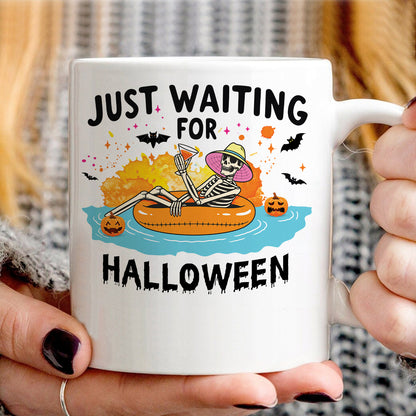 Teesdily | Halloween Skeleton Shirt, Just Waiting For Halloween Sweatshirt Hoodie Mug, Skeleton Pumpkin Tee, Cute Spooky Summer Halloween Gifts