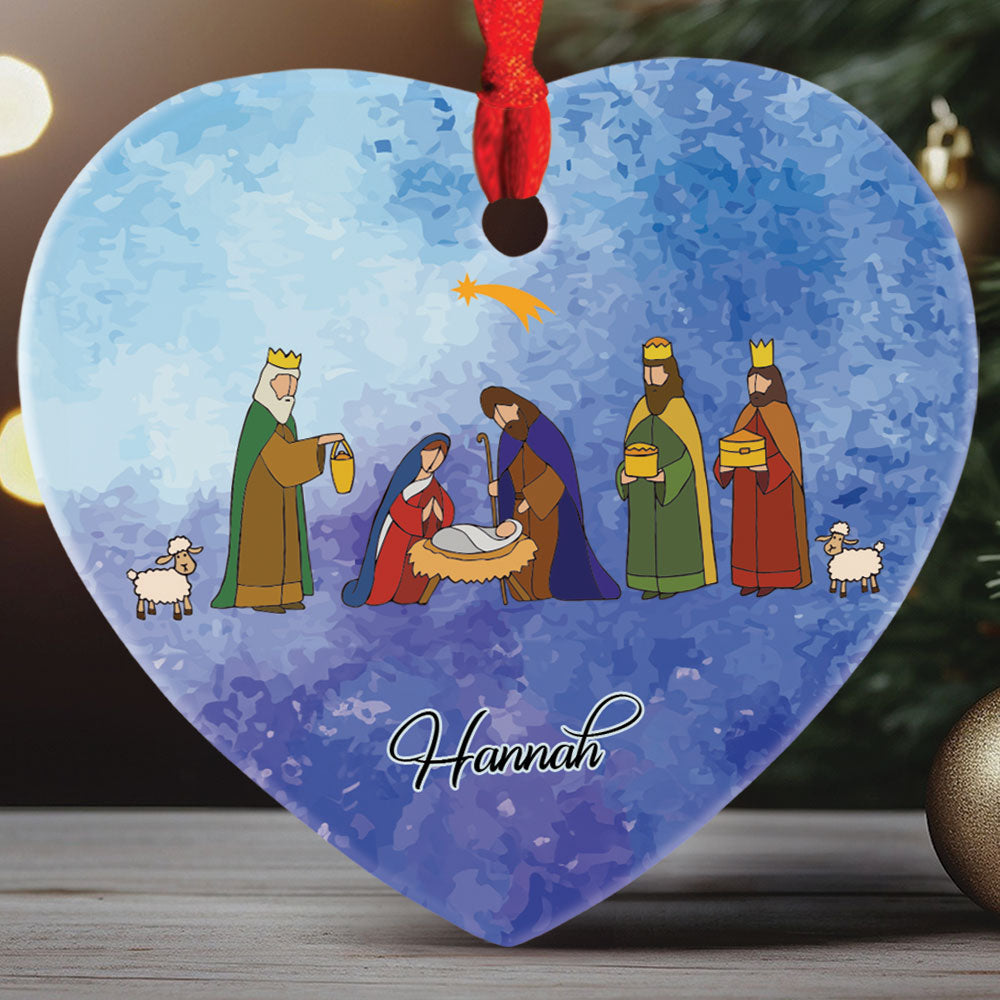 Teesdily | Customized Jesus Nativity Art Heart Ceramic Ornament, Nativity Scene Drawing Christmas Ornament, Jesus Lover Gifts