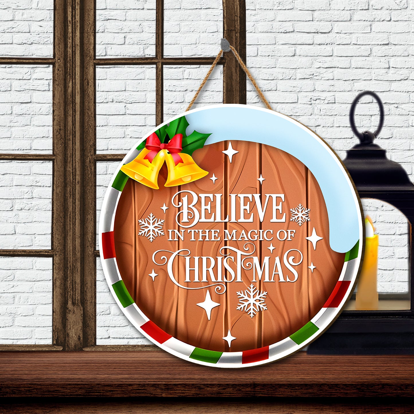 Teesdily | Christmas Round Sign, Believe In The Magic Of Christmas Wooden Sign, Merry Christmas Door Hanger, Christmas Porch Sign