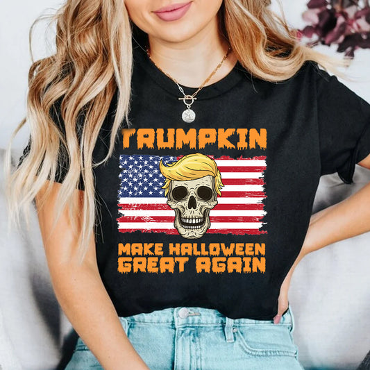 Teesdily | Skull Halloween Shirt, Trumpkin Make Halloween Great Again Sweatshirt Hoodie Mug, Spooky Season T-shirt, Pumpkin Fall Gift