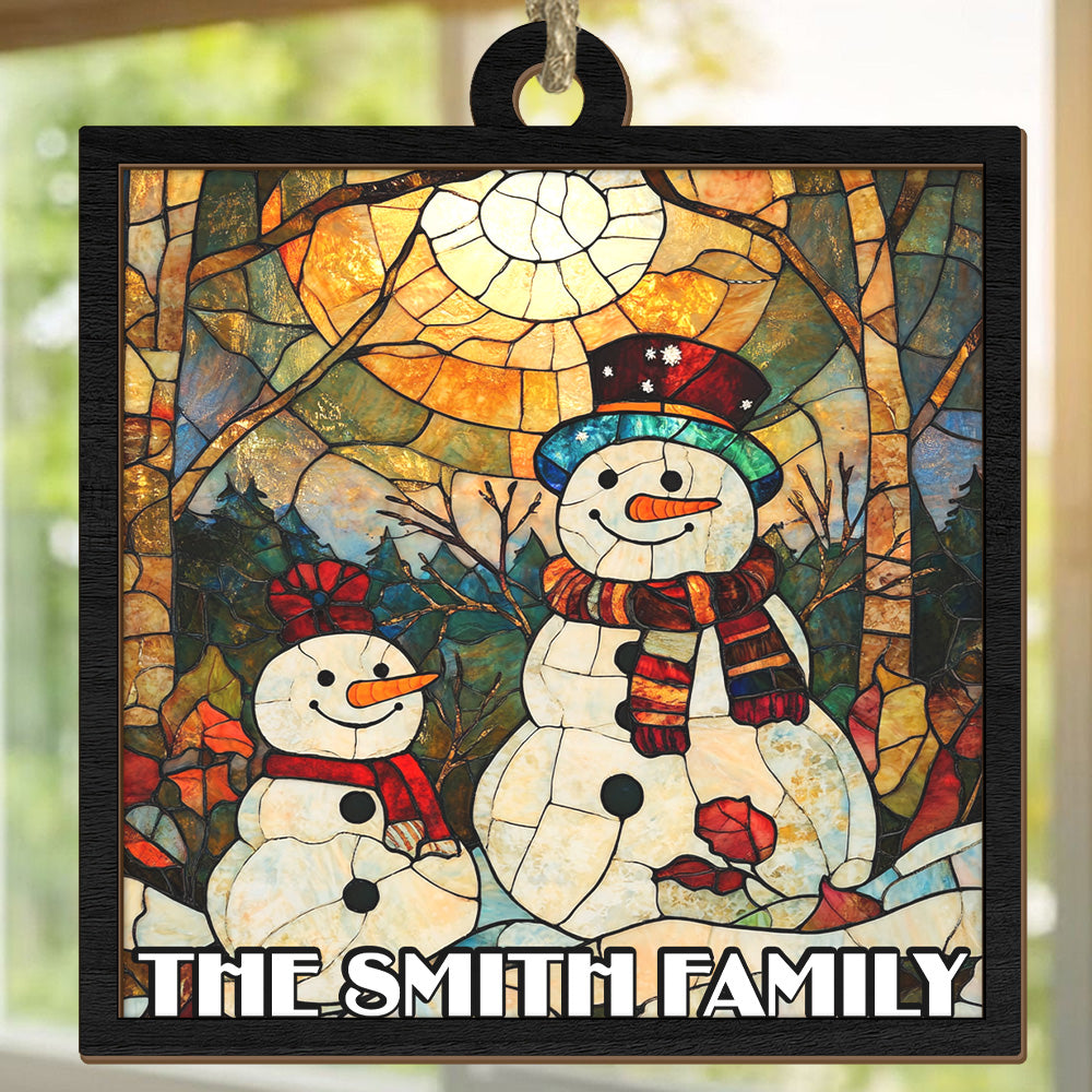 Teesdily | Customized Snowman Family Christmas Suncatcher, Christmas Snowman Stained Glass Suncatcher, Christmas Tree Decor Gift