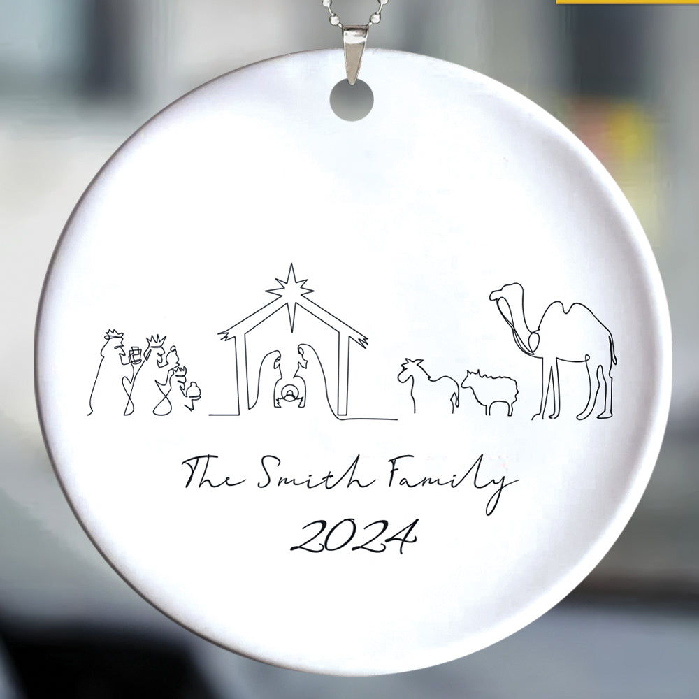 Teesdily | Customized Jesus Nativity Drawing Ceramic Ornament, Continous Line Drawing Jesus Holy Night Christmas Ornament Gift