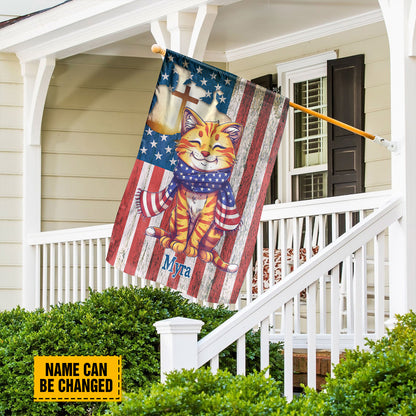 Teesdily | Custom Cat Jesus Cross Flag, Independence Day Garden Flag, Jesus American Flag Home, Fourth Of July Garden Flag Yard Decor, Cat Lover Gift