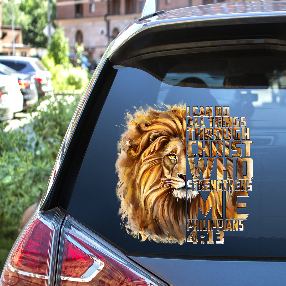 Teesdily | Lion Of Judah Decal, I Can Do All Things Through Christ Car Window Stickers, God Bible Verse Car Vinyl Decal, Christian Car Accessories