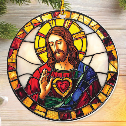 Teesdily | Jesus Christmas Ornament, Jesus Christ Sacred Heart Stained Glass Print Ornament, Nativity Christian Christmas Gift