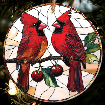 Teesdily | Couple Cardinal Ornament Christmas, Cardinal Stained Glass Acrylic 2D Ornament Christmas, Holiday Noel Ornament Gift