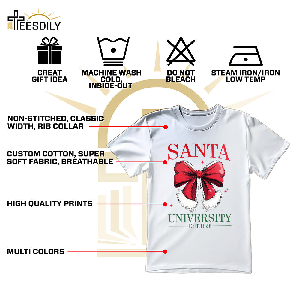 Teesdily | Retro Santa Bow University Est 1836 Shirt, Coquette Bow Christmas Sweatshirt, Social Club Santa Tee