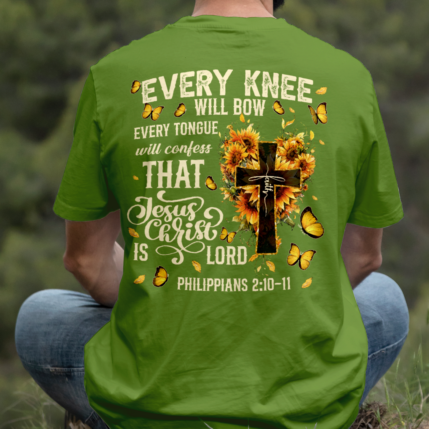 Teesdily | Every Knee Shall Bow Shirt, Every Tongue Shall Confess Sweatshirt, Bible Verse Sunflower Cross Jesus Hoodie Mug Gift