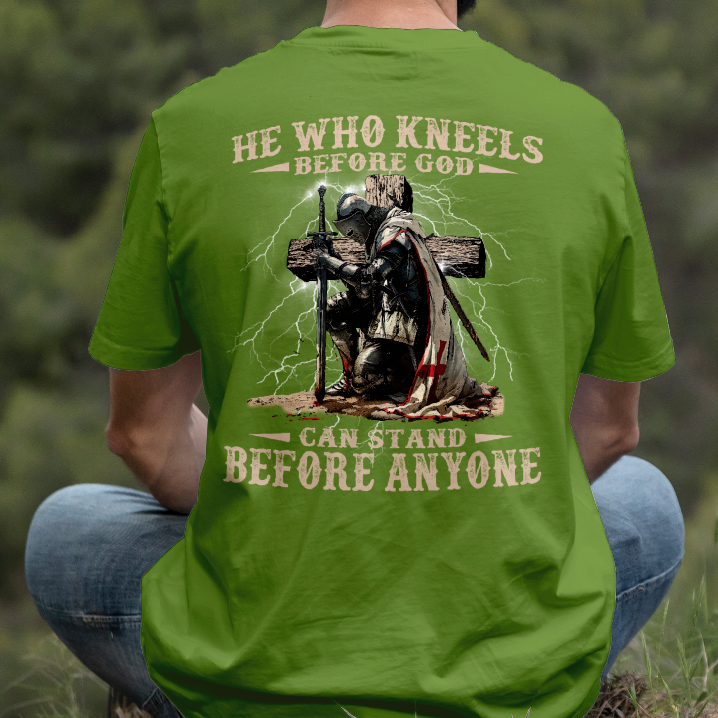 Teesdily | He Who Kneels Before God Shirt, Jesus Warrior Sweatshirt, Christian Cross Faith Hoodie Mug, Religious Gift Men