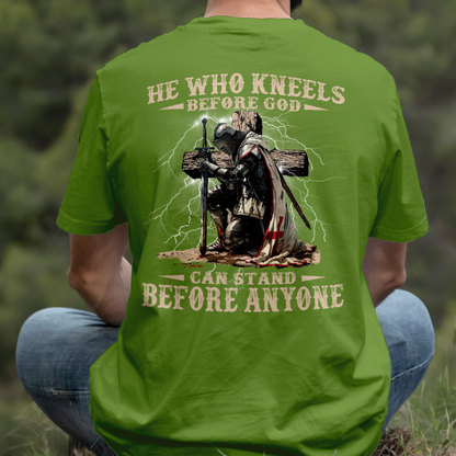 Teesdily | He Who Kneels Before God Shirt, Jesus Warrior Sweatshirt, Christian Cross Faith Hoodie Mug, Religious Gift Men