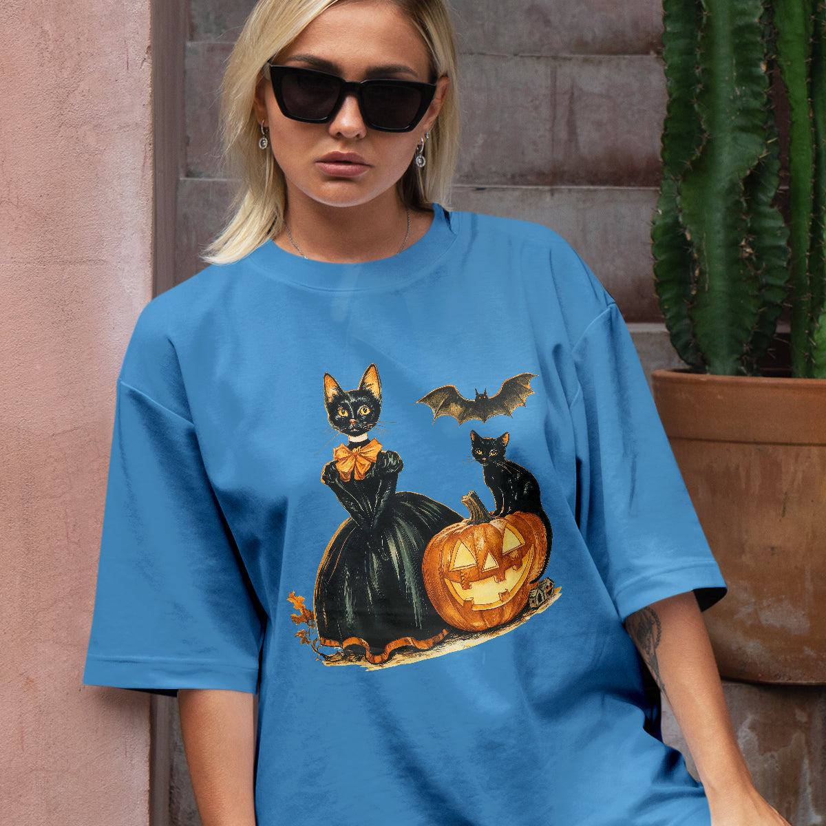 Teesdily | Childless Cat Lady Full Color Shirt, Halloween Pumpkin Witch And Cat Sweatshirt, Witchy Black Cat Hoodie Mug