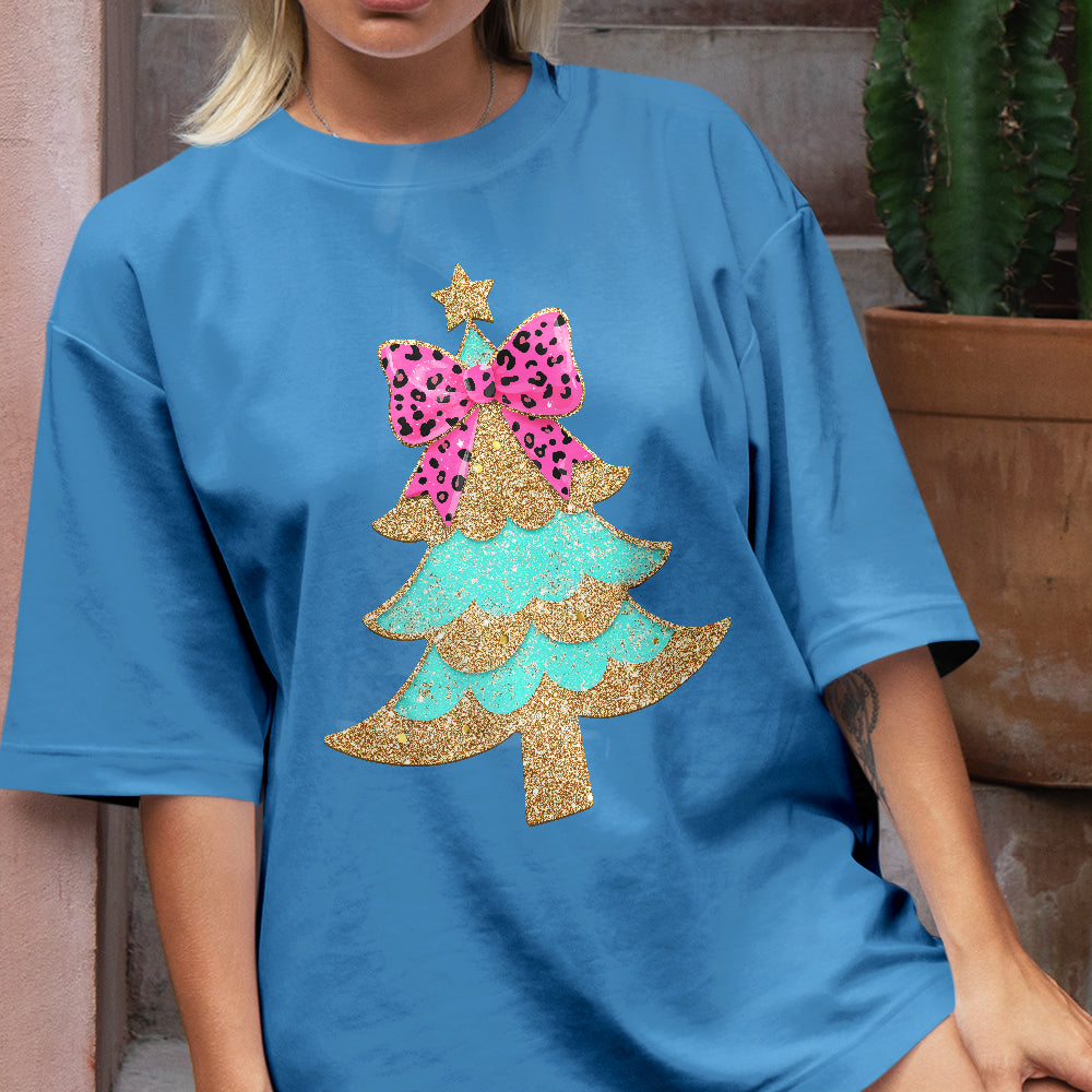 Teesdily | Christmas Tree Bow Shirt, Christmas Coquette Bow Glitter Leopard Sweatshirt, Christmas Hoodie Mug For Women