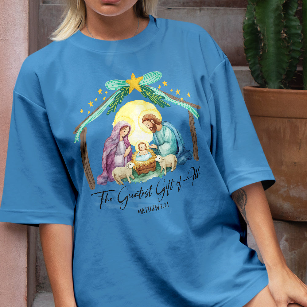 Teesdily | Jesus Christmas Coquette Bow Shirt, Christian Christmas Nativity Scene Sweatshirt, Bow Glitter Holy Family Hoodie Mug