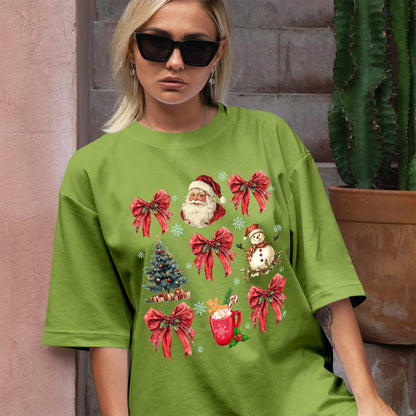 Teesdily | Christmas Coquette Bow Santa Shirt, Christmas Tree Snowman Mug Sweatshirt Hoodie, Retro Merry Bright Tee