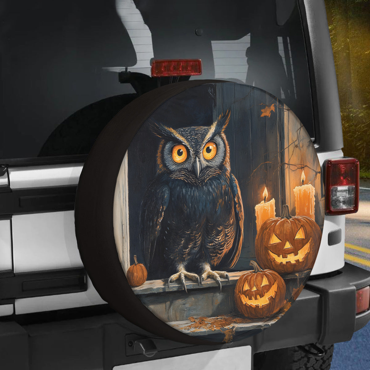 Teesdily | Owl Pumpkin Halloween Spare Tire Cover, Halloween Pumpkin Candles Truck Wheel Cover, Owl Lover Gift, Car Decoration Halloween Gifts