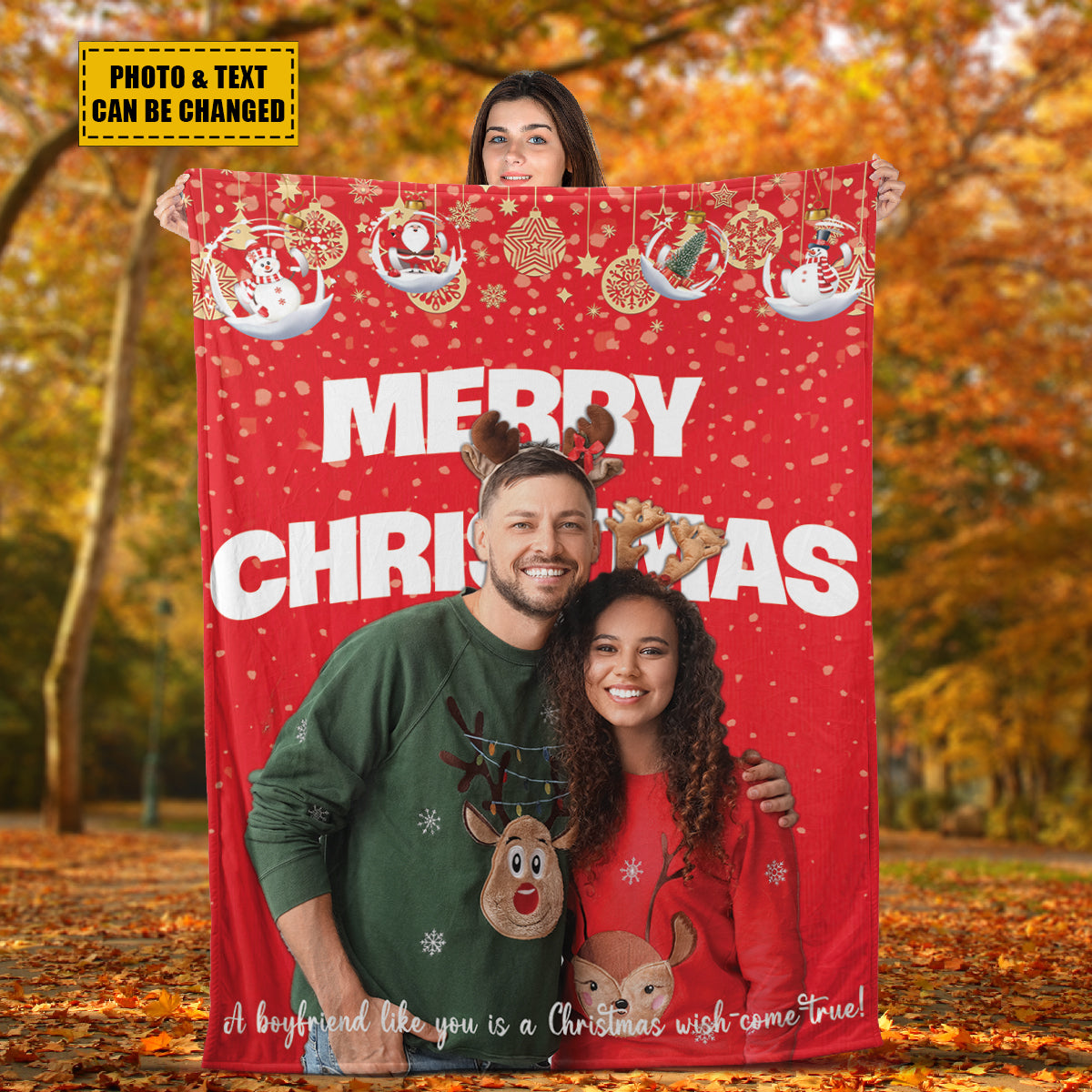 Teesdily | Christmas Couple Custom Blanket With Picture Boyfriend Like You Is A Christmas Wish Come True Sherpa Blanket Merry Christmas Gift Boyfriend