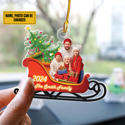 Teesdily | Personalized Photo Family Santa Sleigh Christmas Ornament, Family Ornament 2024 Merry Christmas, Christmas Tree Hanging Decor, Xmas Gift