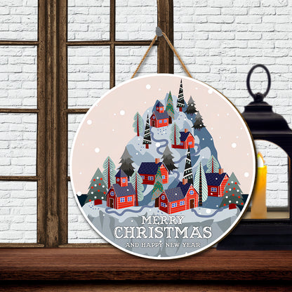 Teesdily | Christmas Round Home Sign, Merry Christmas And Happy New Year Hanging Sign, Christmas Sign Wooden Hanging Sign, House Warming Gifts