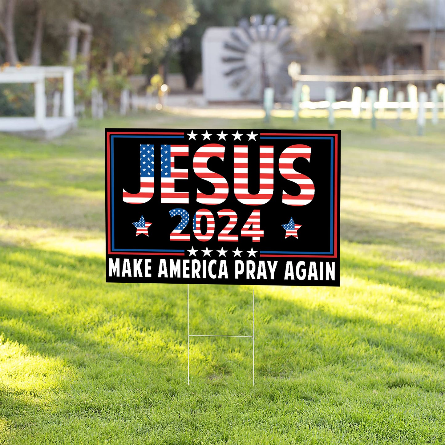 Teesdily | Jesus 2024 Make America Pray Again Yard Sign, American Flag Garden Outdoor Sign, Christian Patriotic Lawn Metal Sign, Jesus Home Decoration