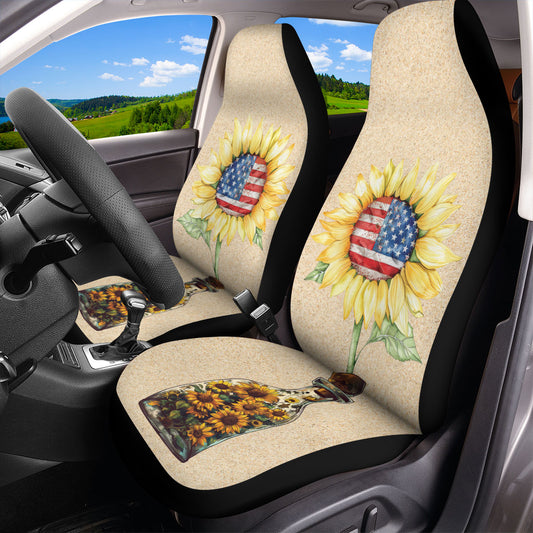 Teesdily | Sunflower Car Seat Cover, American Flag Front Vehicle Seat Cover, Sunflower Independence Day Seat Protector, 4th Of July Patriot Gift