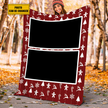 Teesdily | Christmas Pattern Picture Blanket Personalized Photo Xmas Family Friend Custom Photo Blanket Christmas Custom Blanket For Sofa Bedroom