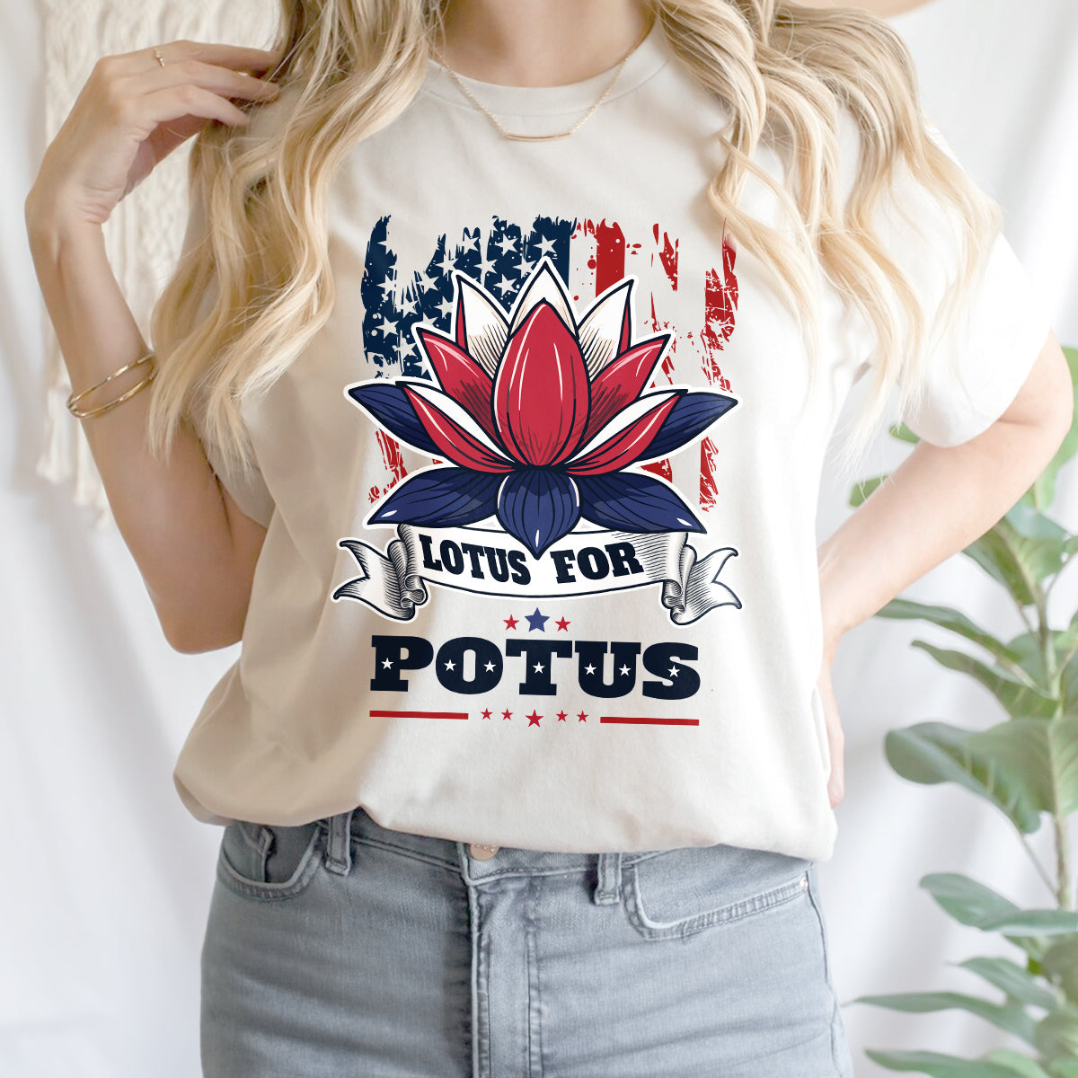 Teesdily | Namaste Lotus Shirt, Lotus For Potus Sweatshirt Hoodie Mug, American Flag Patriot Gift For Women, Girl Power Tee