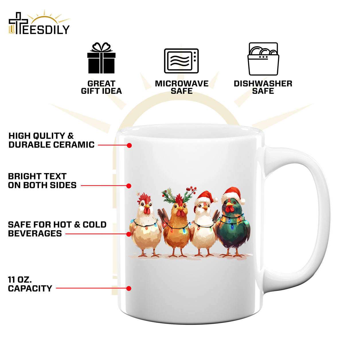 Teesdily | Christmas Chicken Light Shirt, Santa Chicken T-shirt, Farm Animal Sweatshirt, Christmas Farm Hoodie Mug, Chicken Lover Gift