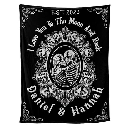 Teesdily | Gothic Couple Skeleton Personalized Throw Blanket I Love You To The Moon And Back Sofa Blankets Couple Halloween Blanket Travelling Camping