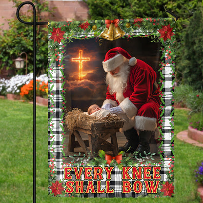 Teesdily | Santa Claus Kneeling With Baby Jesus Christmas Garden Flag, Every Knee Shall Bow House Flag, Christmas Yard Decor