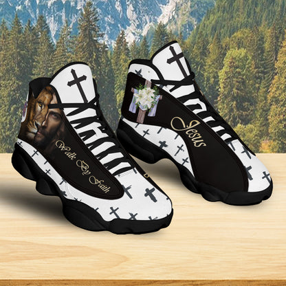 Teesdily | Jesus Lion Walk By Faith Basketball Shoes, Christian Flower Cross Running Shoes, Religious Gift For Jesus Lovers